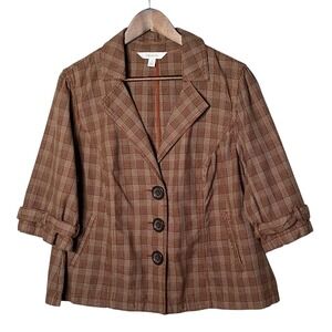 Relativity Womens Plaid Blazer Jacket Brown 1X 3 Button 3/4 Sleeve